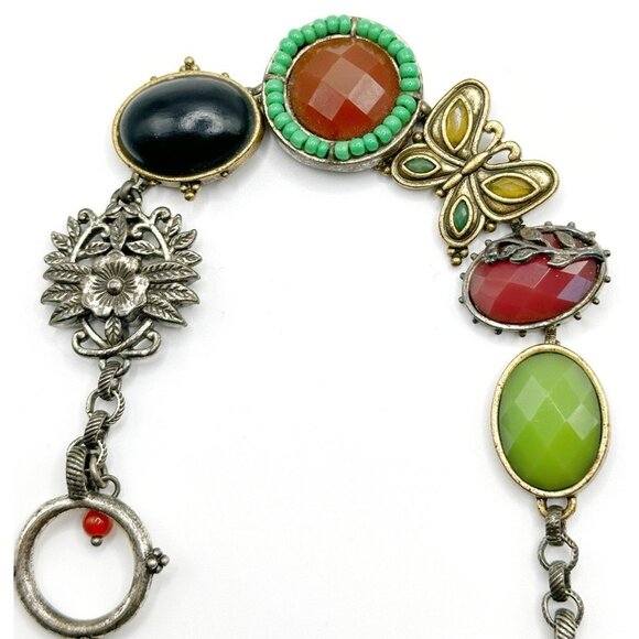 Ornate Lucky Brand Butterfly Flower Cabochon Bracelet Gold/Silver Tone - Picture 2 of 7